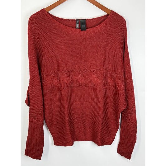 Bisou Bisou Red Knit Sweater Top Womens Medium Batwing Dolman Sleeve Sparkly