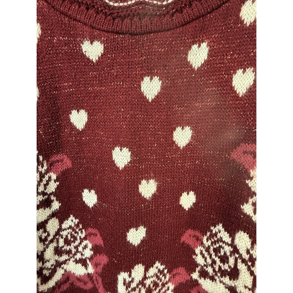 Trimmings Vintage Sweater Sz 22W Red Roses Hearts Lurex Knit Tear at Hem READ