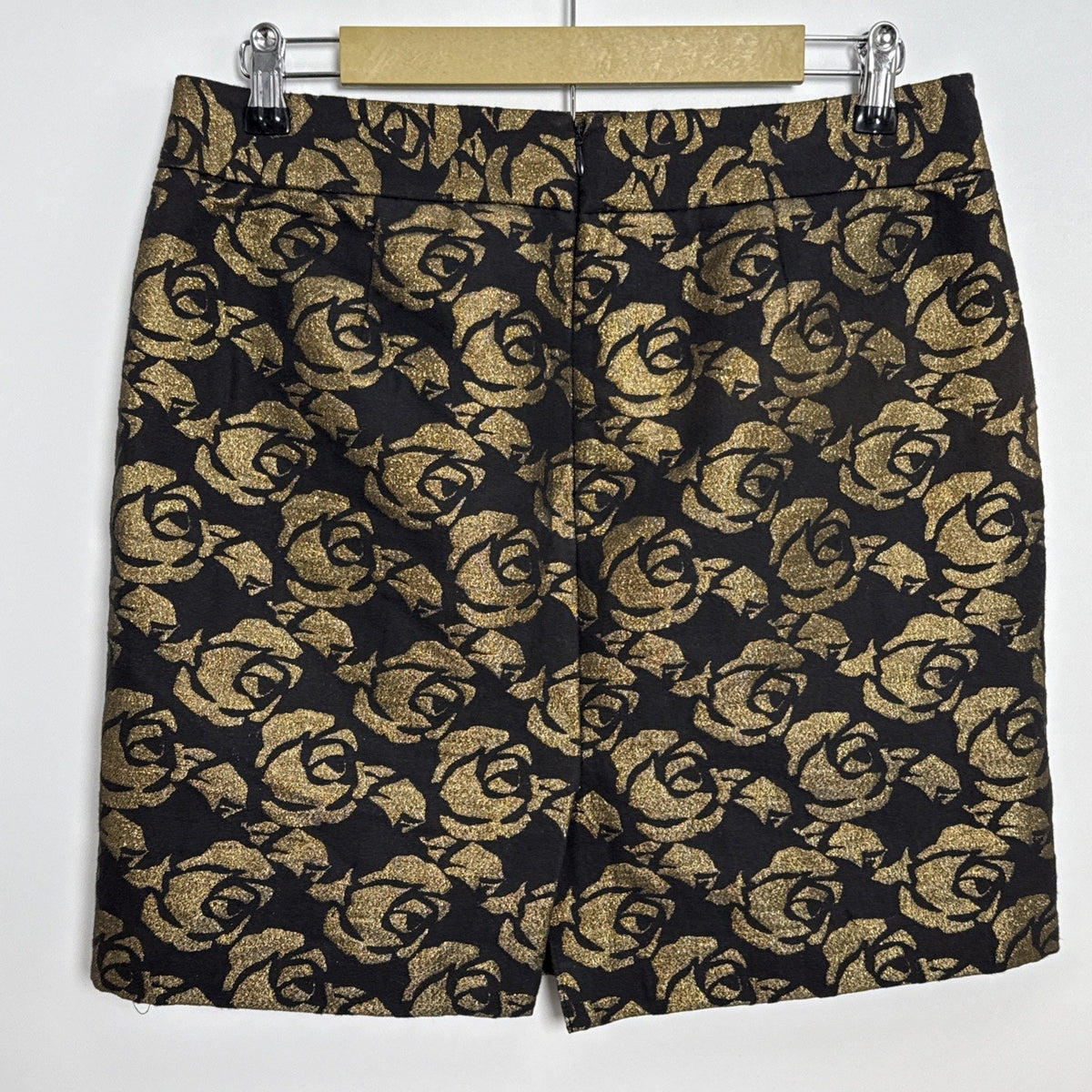 LOFT Gold Metallic Floral Rose Jacquard Pencil Mini Skirt Size 8 Lined Pockets