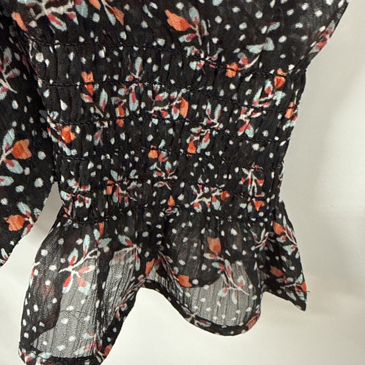 LOFT Black Floral Ruffle Neck Blouse Small Long Sleeve Lightweight Top