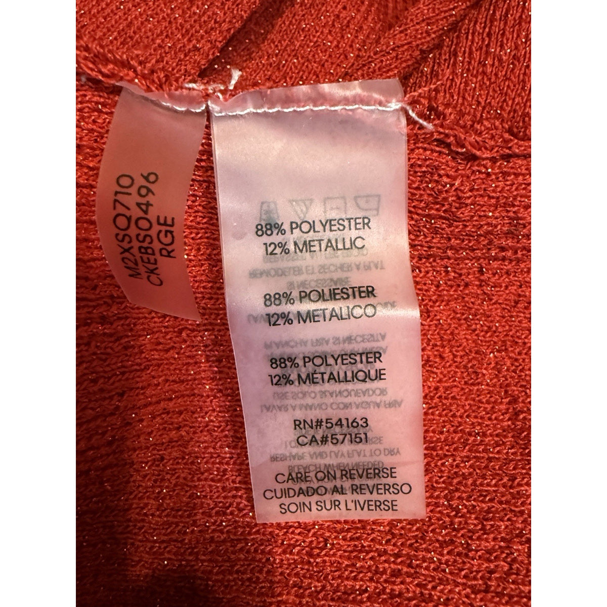 Calvin Klein Sweater Women LS Red Metallic Classic Fit V Neck Twist Detail Sz M