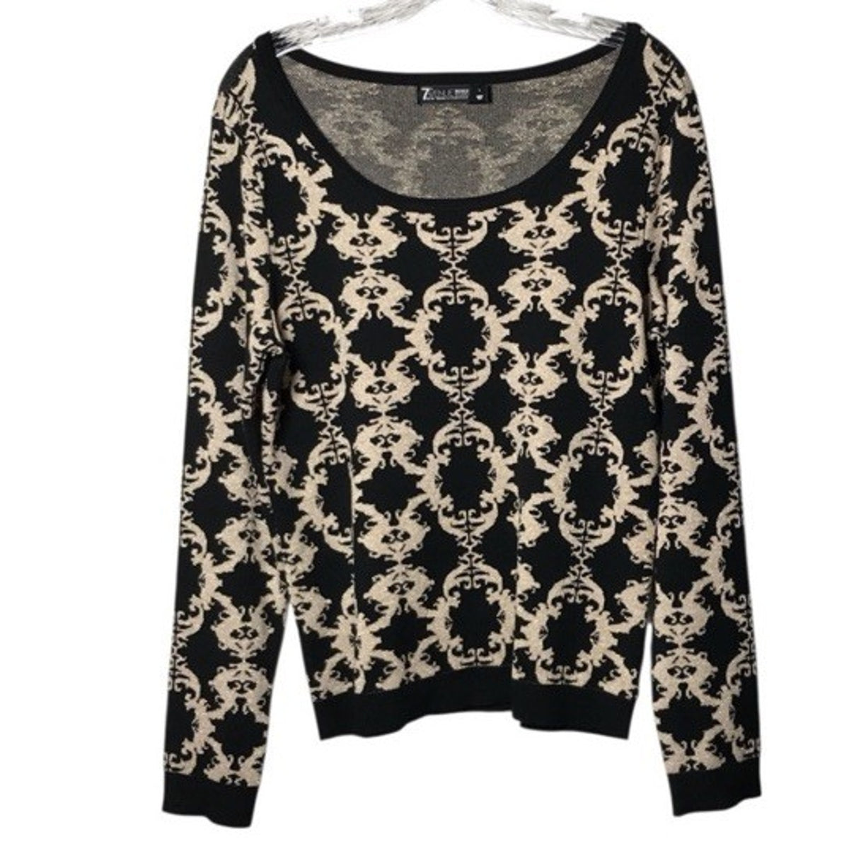 7th Avenue Design Studio Black Gold Metallic Knit Sweater L | Damask Print |