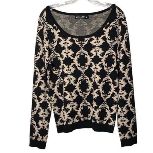 7th Avenue Design Studio Black Gold Metallic Knit Sweater L | Damask Print |