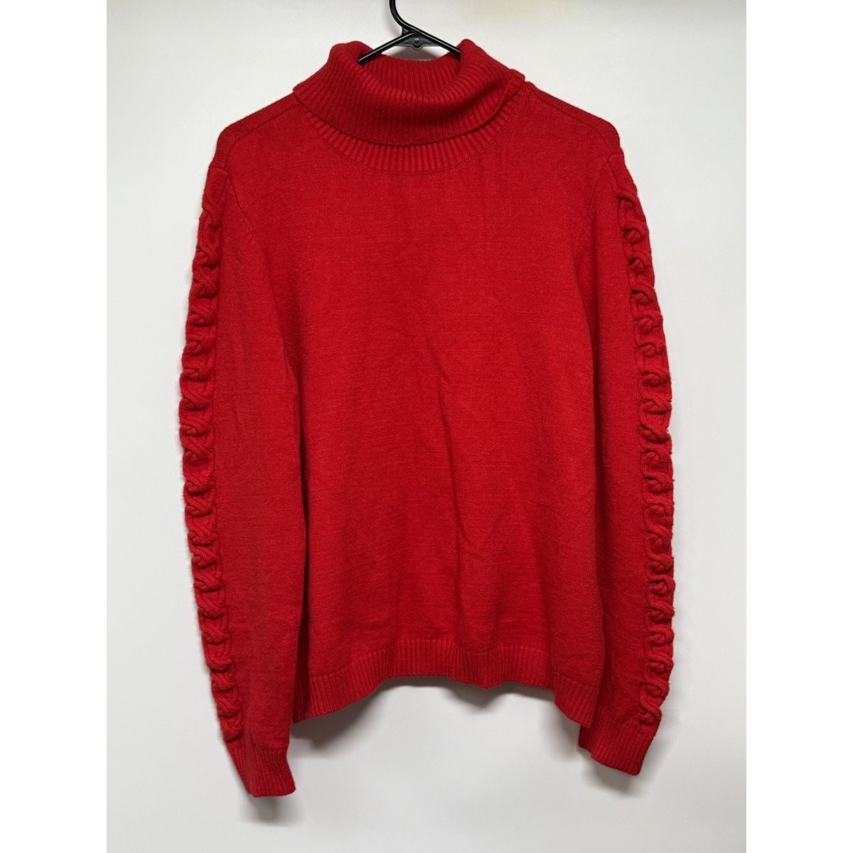 Eva Mendes Red Turtleneck Sweater 3X Cable Sleeve Detail Soft Knit Cozy Bold