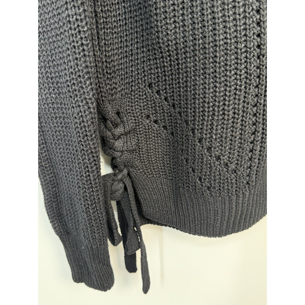 SO Black Knit Sweater Women’s Large Lace Up Sides Long Sleeve Pull On Casual