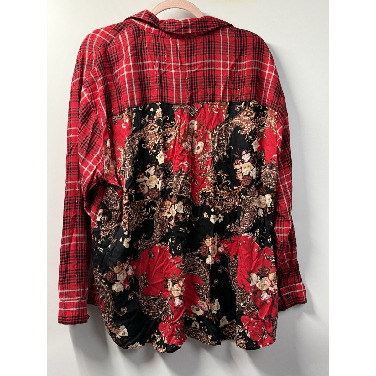 Cato Red Black Plaid Floral Back Tunic Top Pullover Oversized Size Large