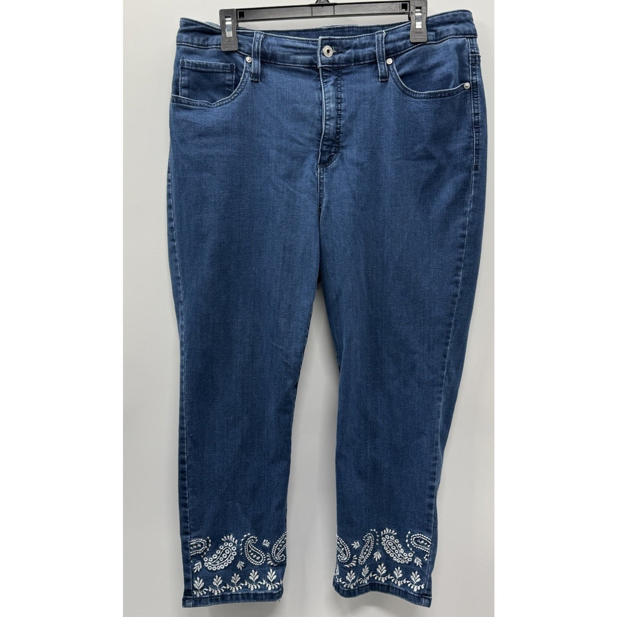 Style & Co Womens 14W Cropped Straight Leg Blue Jeans Paisley Embroidered Hem