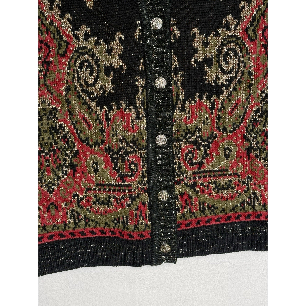 CST Studio Cardigan Sweater Sz 44 Metallic Lurex Black Red Gold Paisley Long