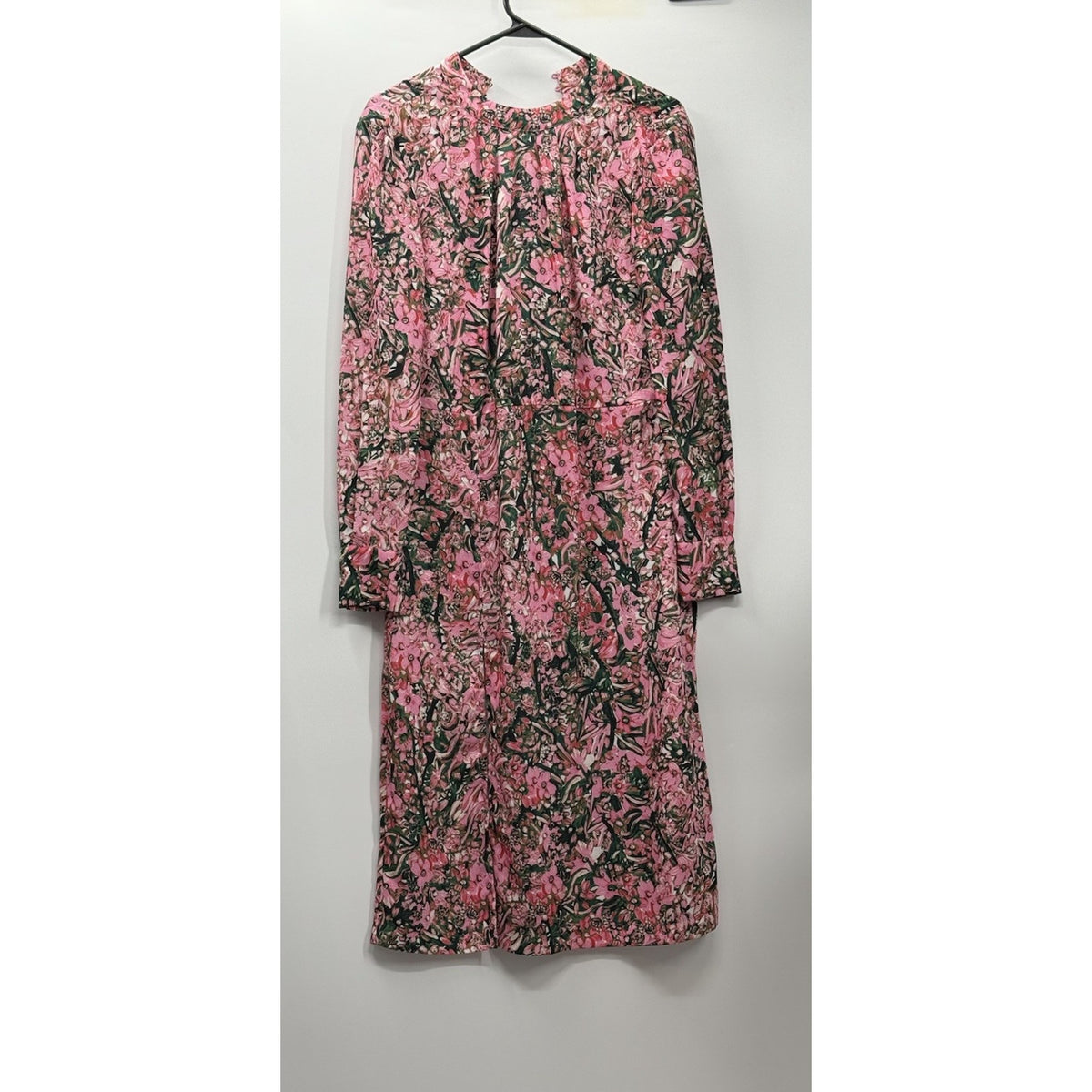 H&M Long Sleeve Pink & Green Midi Dress Size 4 High Neck Open Back Lightweight
