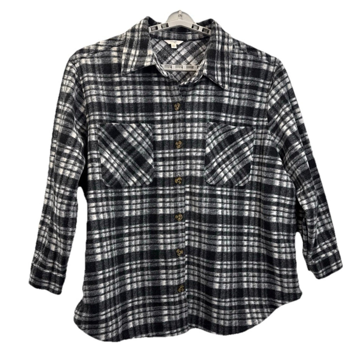 Terra & Sky Womens Plaid Button Down Shacket Plus Sz 3X (24W-26W) Black & White