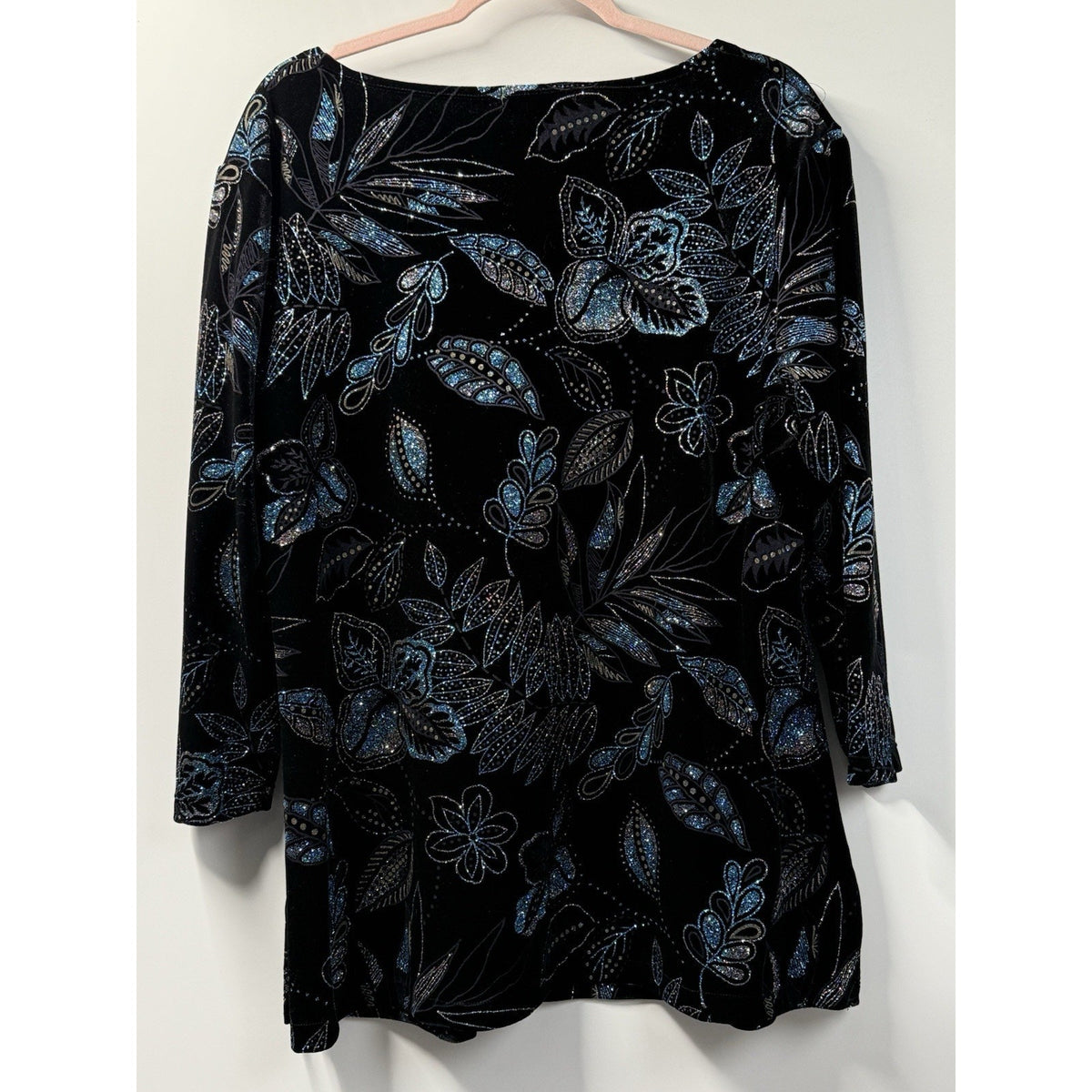 Notations Black Velvet Floral Glitter Top 1X Blue Shimmer Stretch Whimsigoth