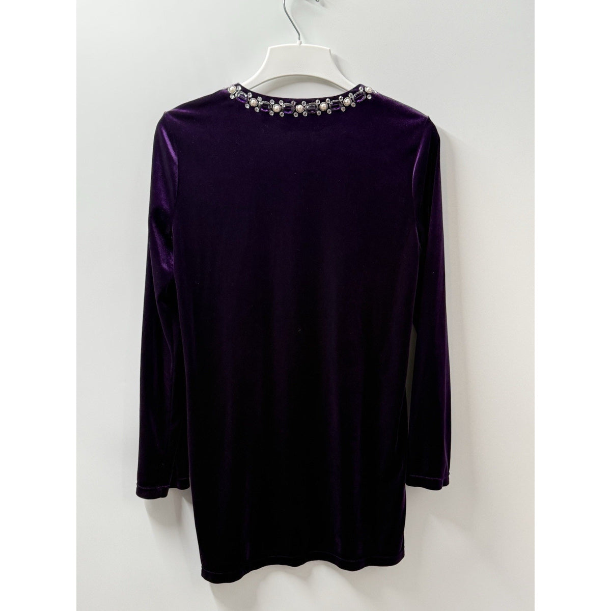Peter Nygard Womens M Purple Velvet V-Neck Long Sleeve Beaded Rhinestone Top