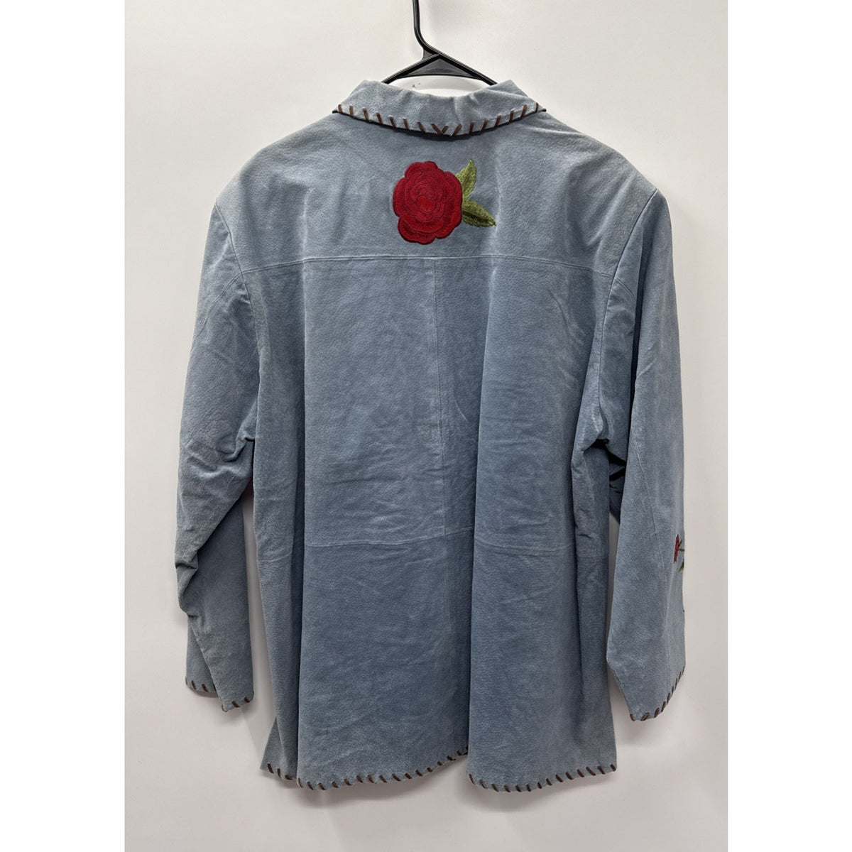 QUACKER FACTORY Womens Blue Suede Leather Red Roses Jacket Coat - Sz XL