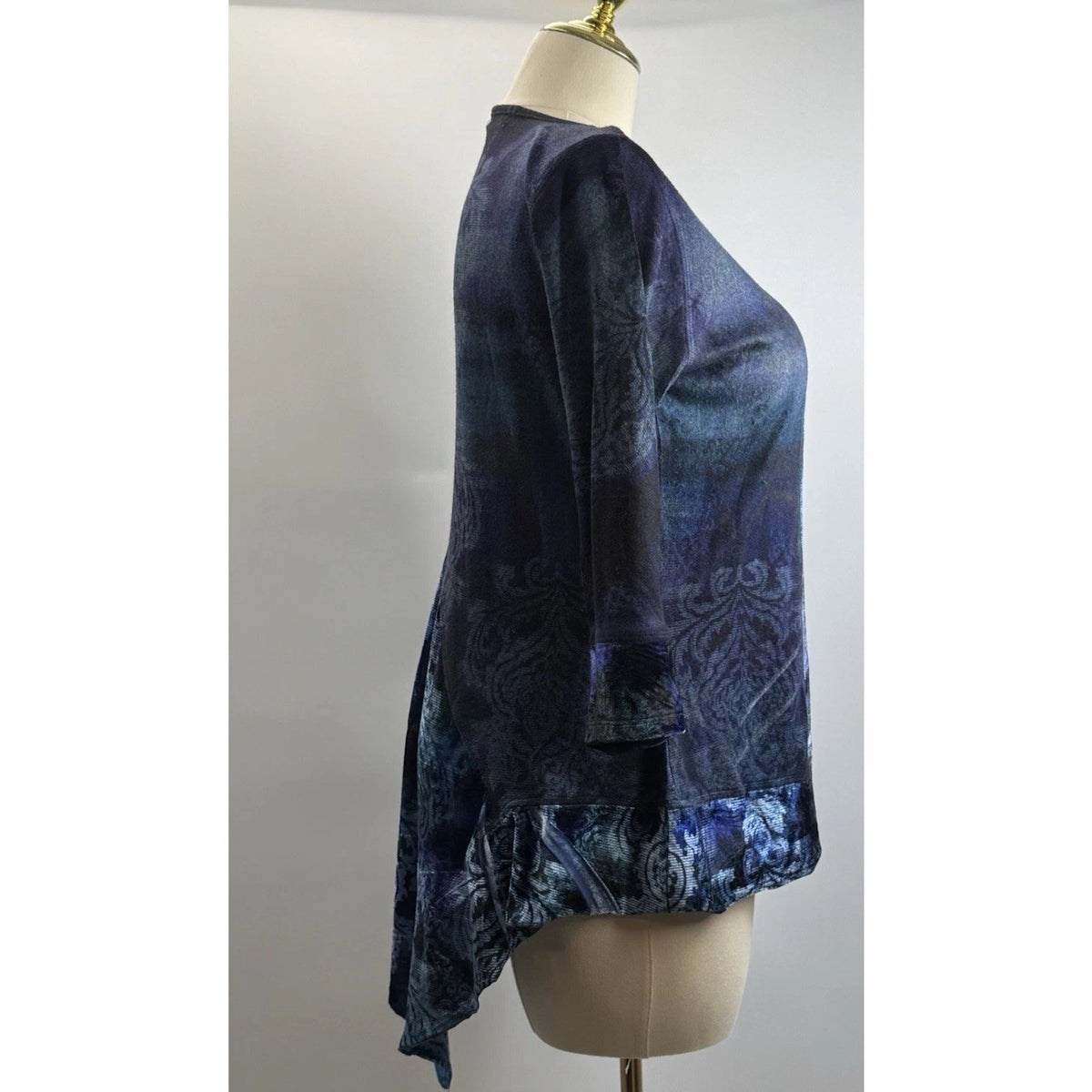 OneWorld Blue Abstract Sharkbite Tunic Top Large Boho Goth Asymmetrical