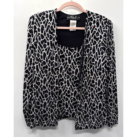 R&M Collection Sequin Open attached twinset Jacket Black/Silver Animal Print 12