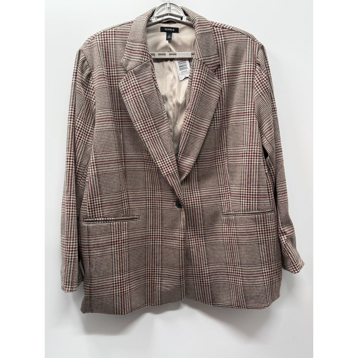 Torrid 3X Plaid Blazer Pink Taupe Houndstooth One Button Career Jacket NWT