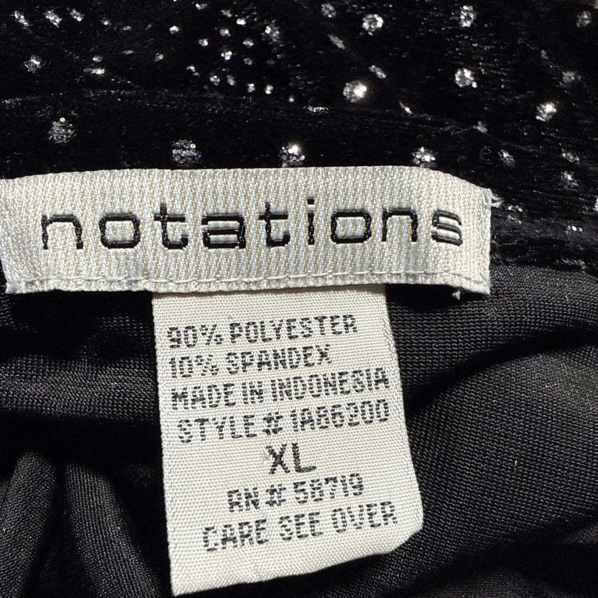 Notations Women’s XL Black Silver Glitter Velvet Top 3/4 Sleeve Stretch Party