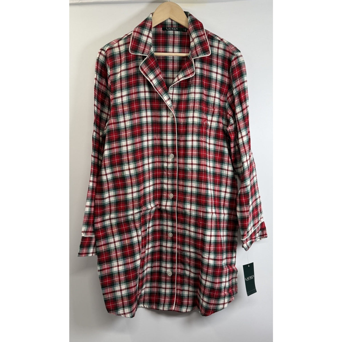 Lauren Ralph Lauren Plaid Flannel Sleep Shirt Nightgown NWT Red Green Cotton L