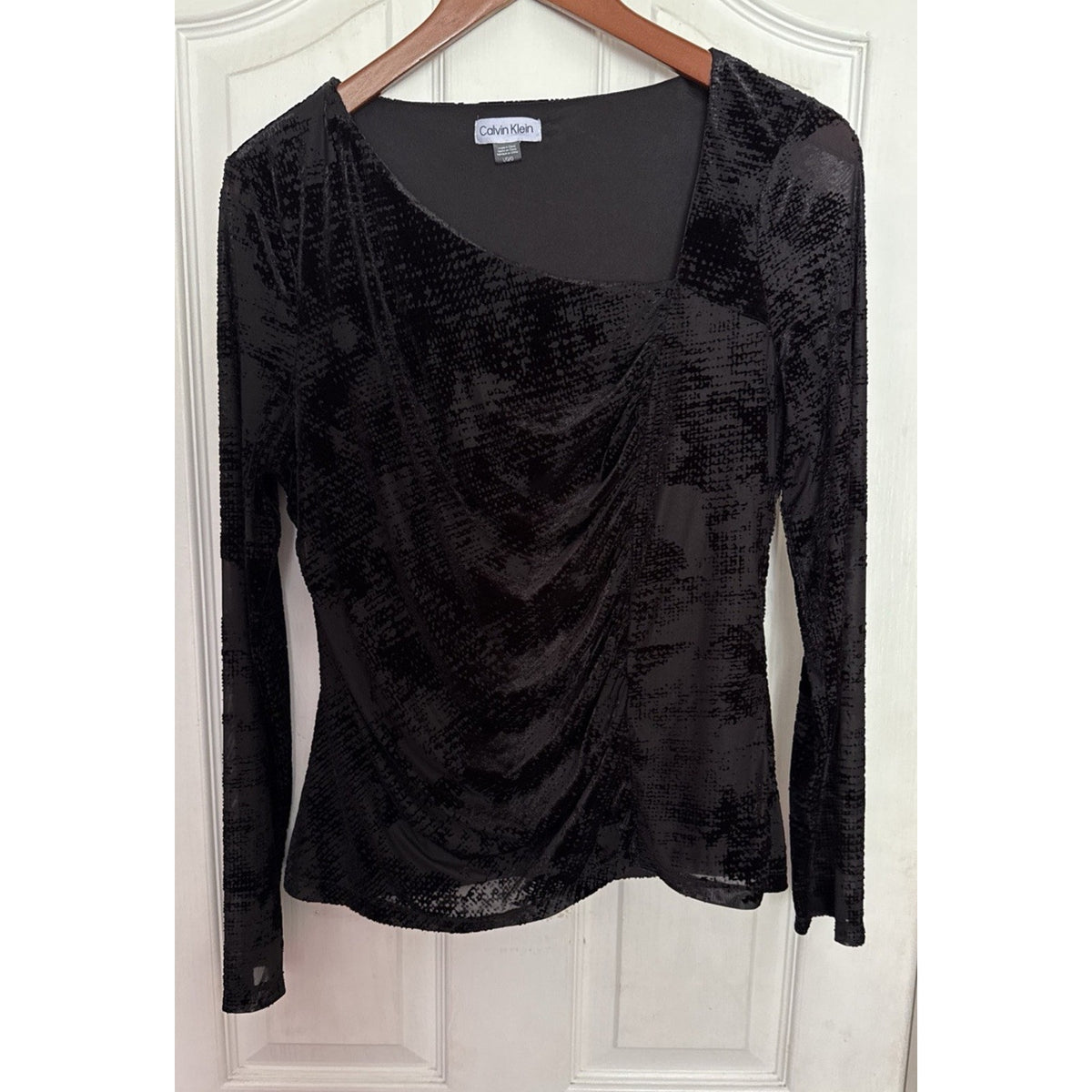 Calvin Klein Large Black Flocked Mesh Top Lined Asymmetrical Ruched Stretch