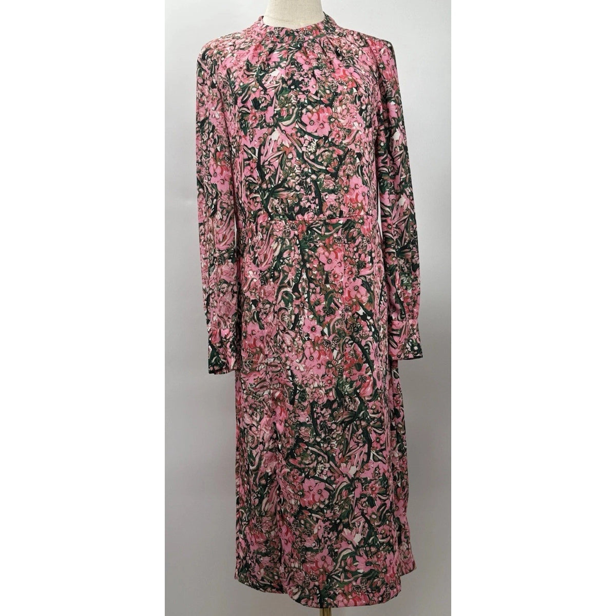 H&M Long Sleeve Pink & Green Midi Dress Size 4 High Neck Open Back Lightweight