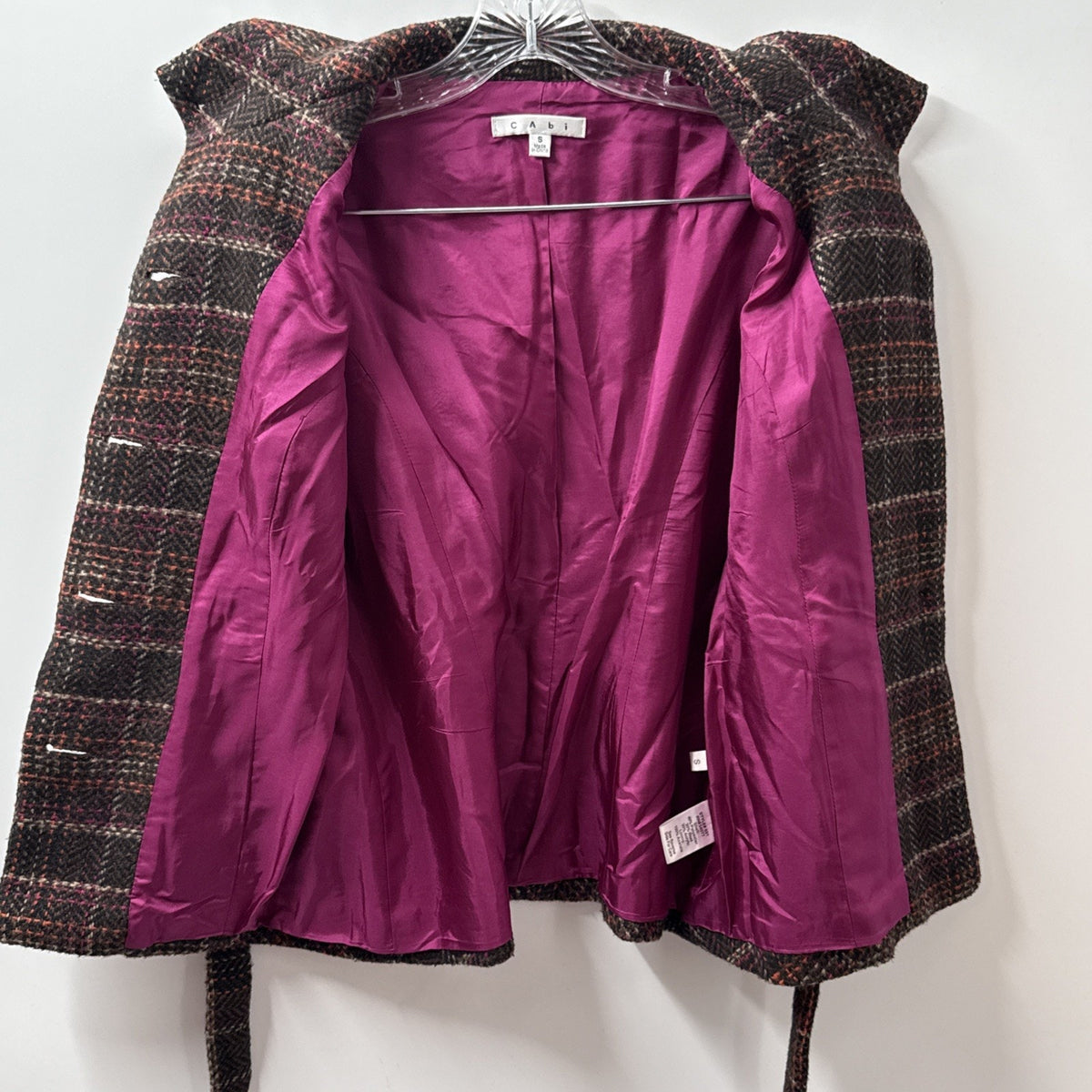 Cab Womens Tweed Wool Blend Vest Brown Pink Plaid Belted Button Front S