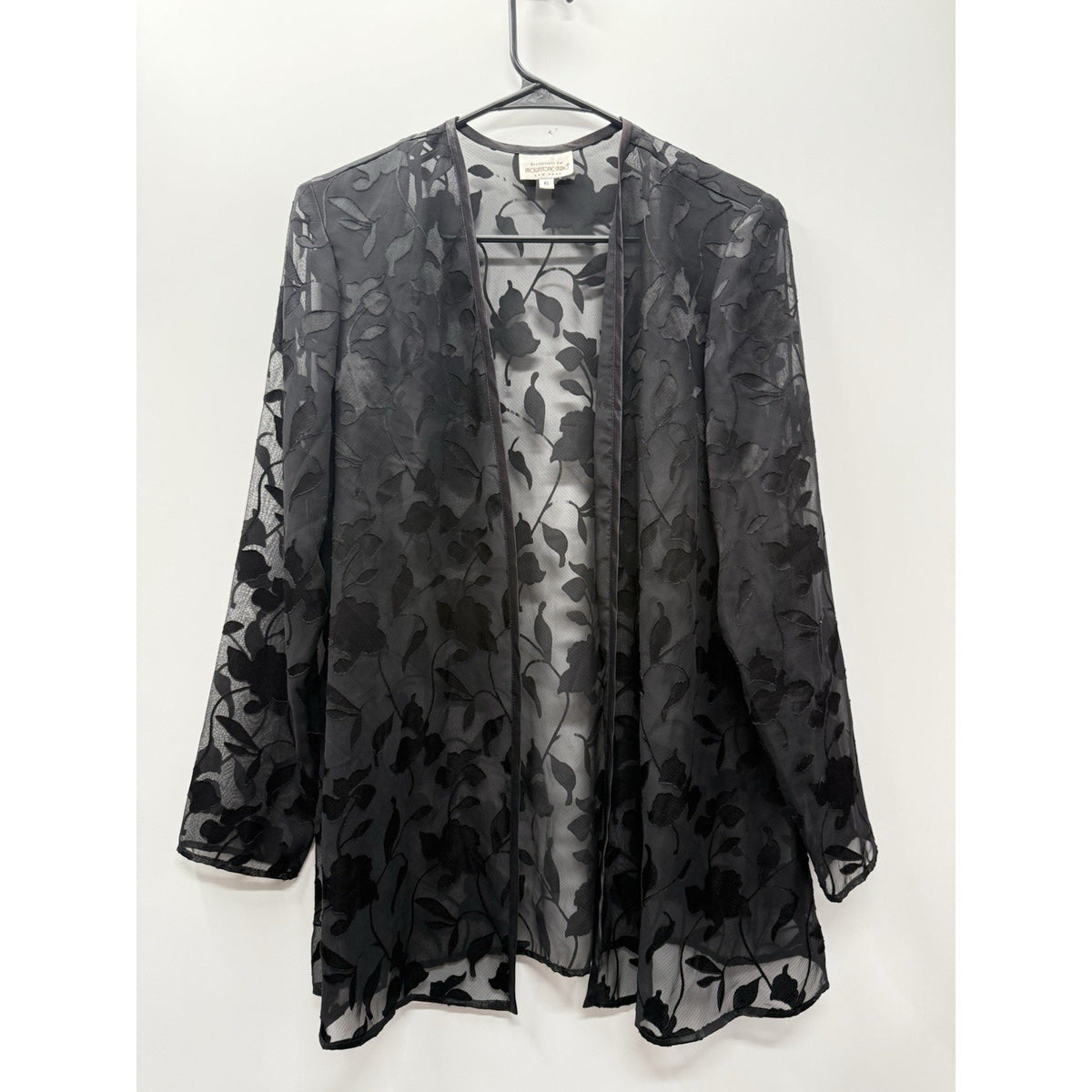 Black Sheer Burnout Floral Jacket Open Front Long Sleeve Size 6 Dark Romantic