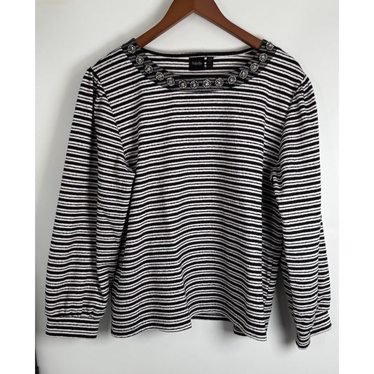 Rafaella XL Black White Striped Knit Top Embellished Neckline Long Sleeve