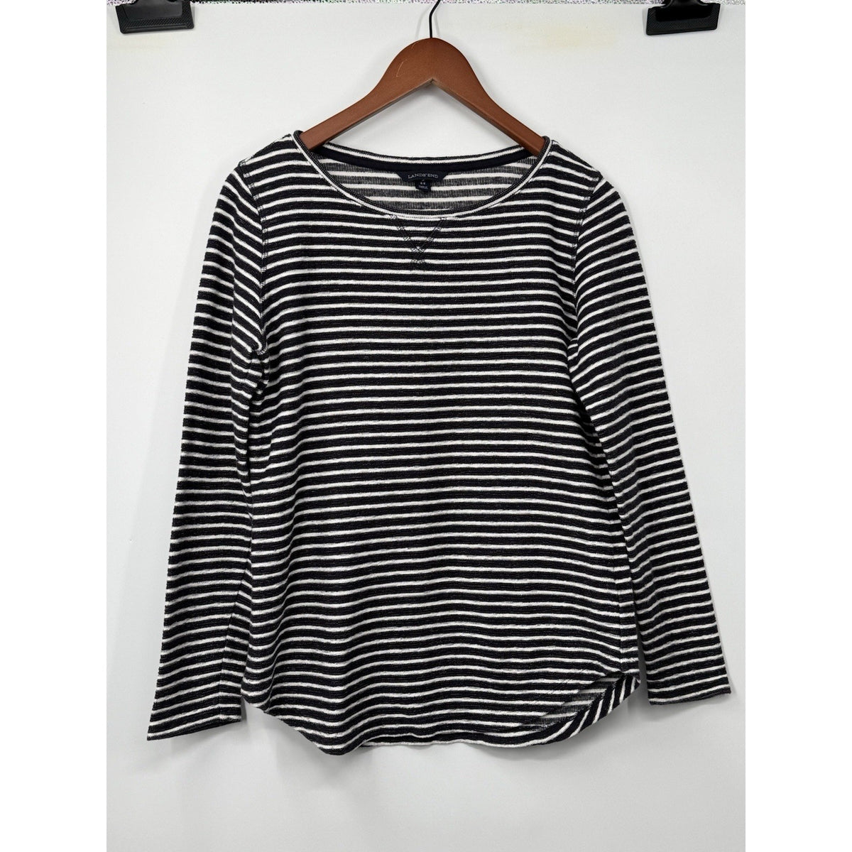Lands’ End Black White Striped Knit Top Womens 6–8 Long Sleeve Pullover