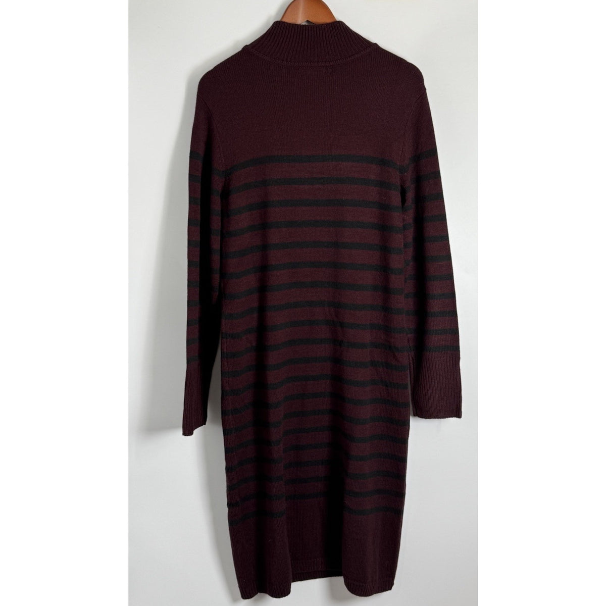 New York & Company Burgundy Striped Sweater Dress L Mock Neck Button Shoulder