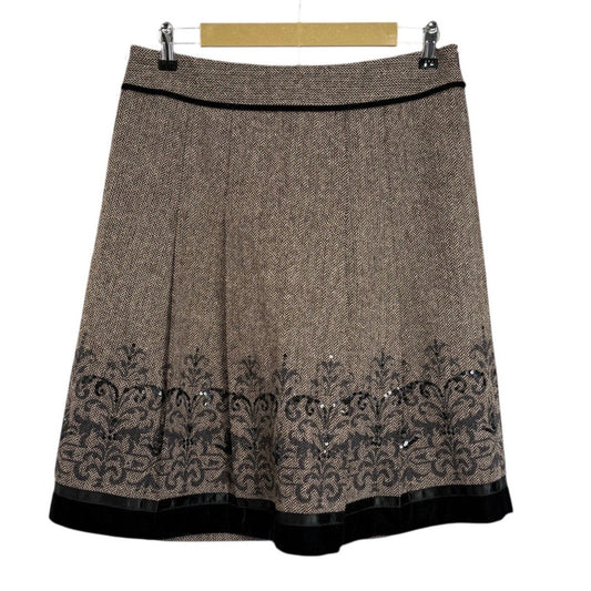 LOFT Petites 8P Wool Blend Skirt Tan Black Embellished A-Line Modest Work