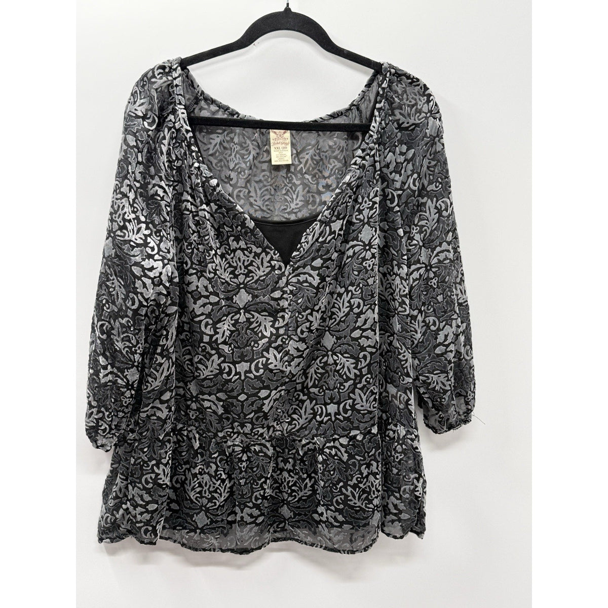 Faded Glory XXL 20 Velvet Burnout Sheer Top Grey Floral Whimsigoth Fairy