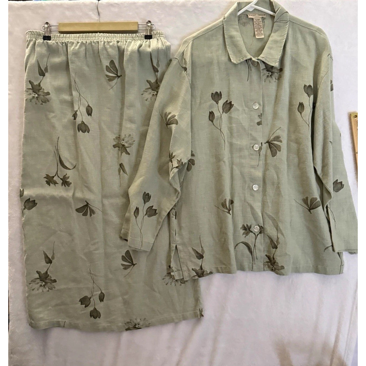 Sweet Jessie 100% Linen 2 Piece Set L Floral Skirt Jacket Boho lagenlook