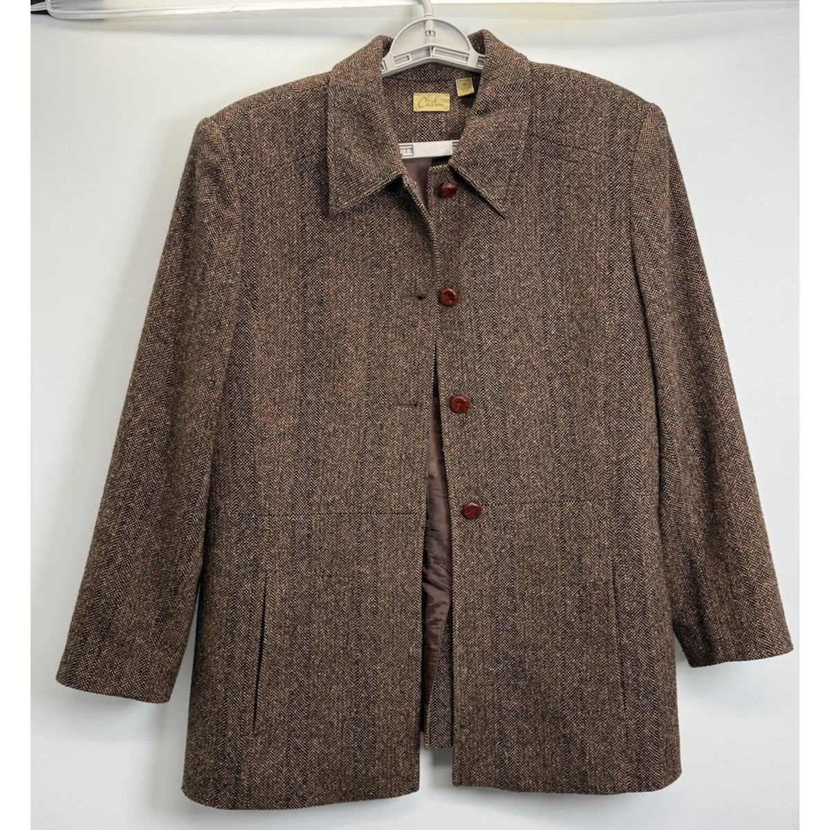 Caston Vintage Herringbone Wool Blend Blazer Jacket Petite 14 Brown Academia