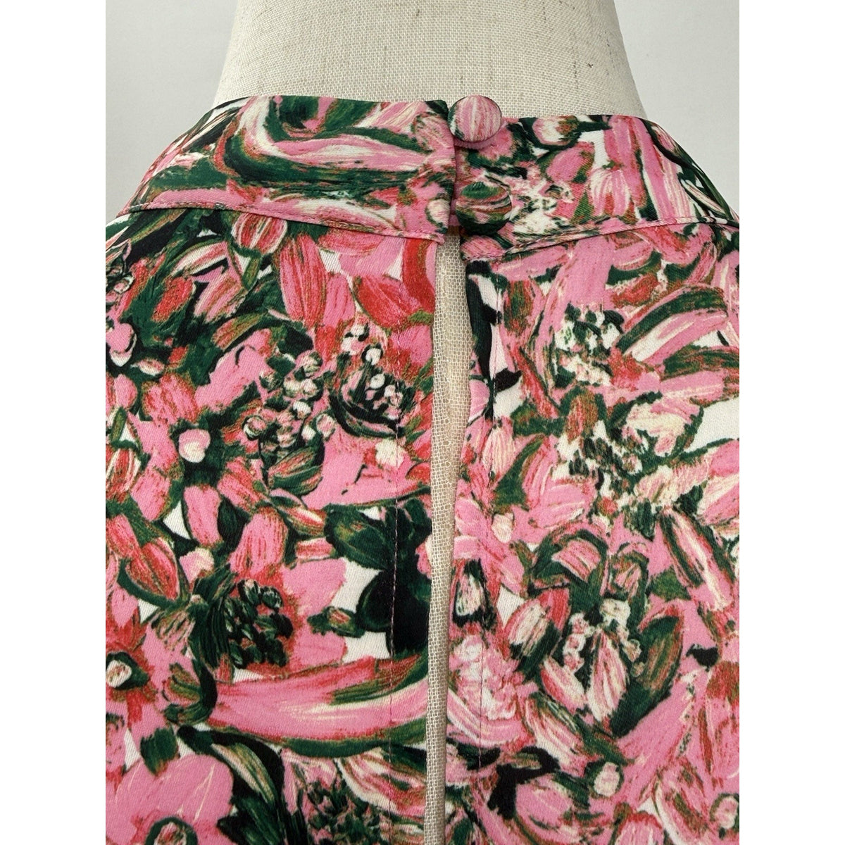 H&M Long Sleeve Pink & Green Midi Dress Size 4 High Neck Open Back Lightweight