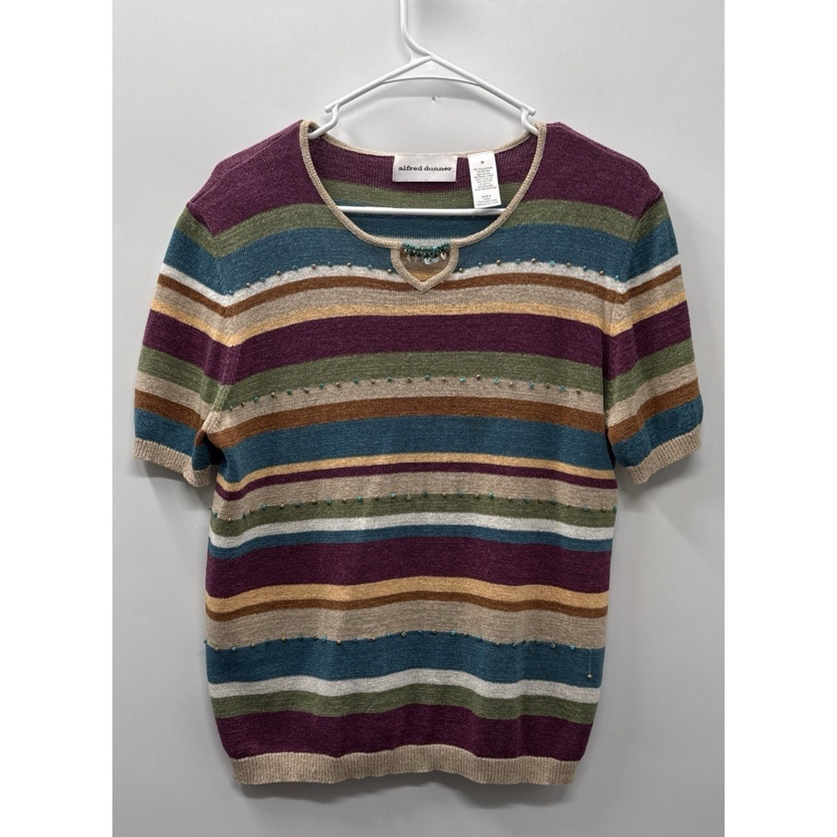Alfred Dunner Vintage Striped Sweater Top Med Beaded Shoulder Pads Short Sleeve.