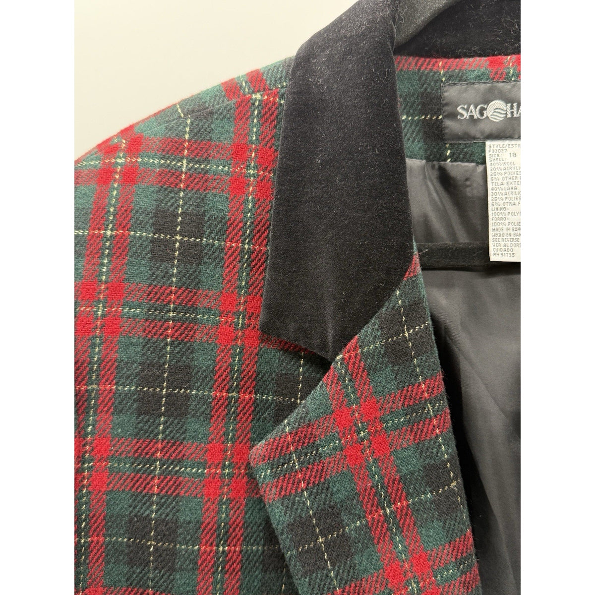 Sag Harbor Plaid Blazer Jacket Women 18 Red Green Black Velvet Holiday Christmas