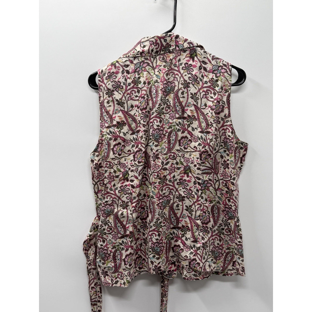 Harold’s Women’s L 100% Linen Blouse Pink Paisley Floral Tie Waist Sleeveless