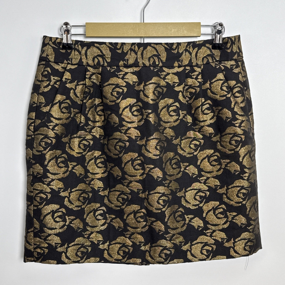 LOFT Gold Metallic Floral Rose Jacquard Pencil Mini Skirt Size 8 Lined Pockets