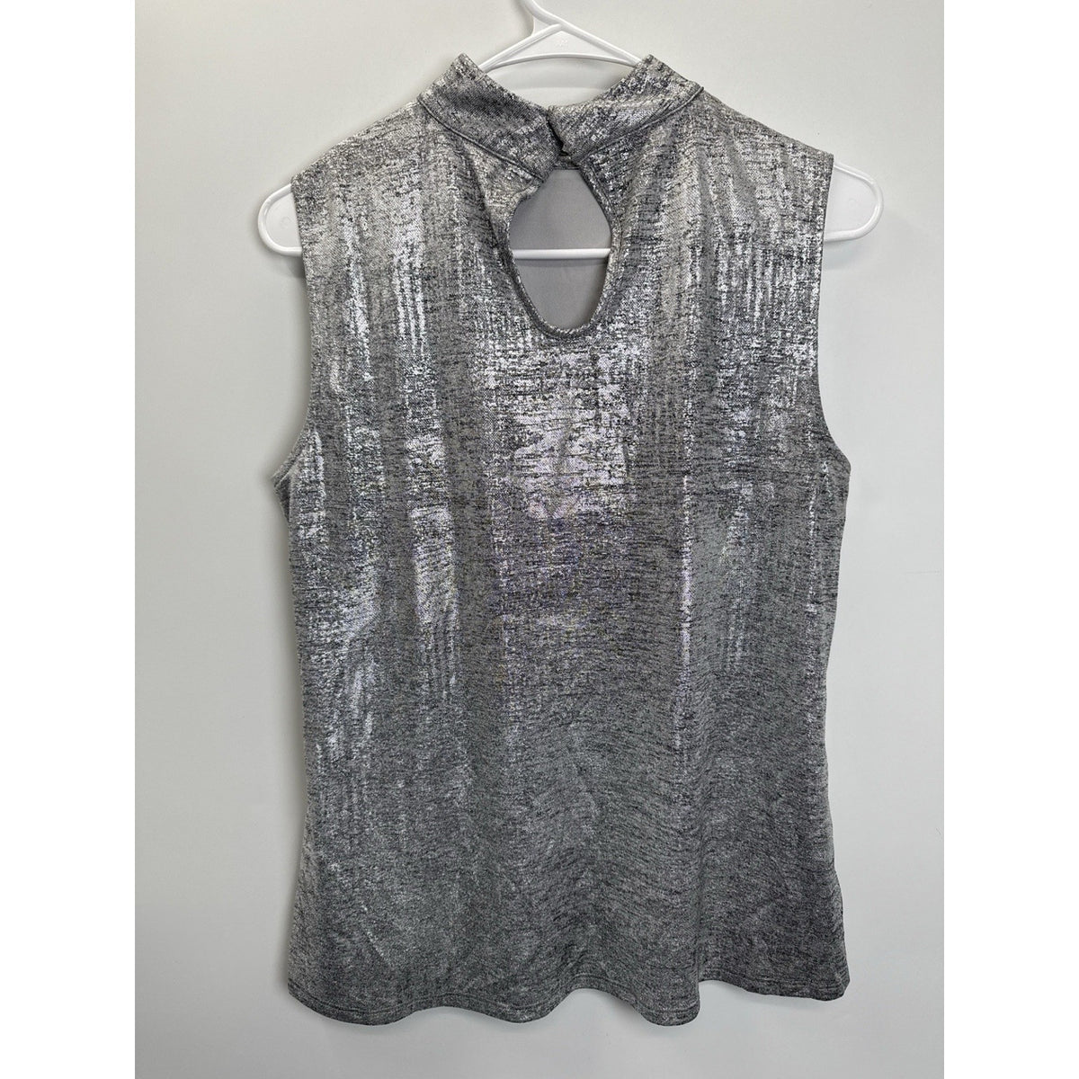 H by Halston Metallic Silver Mock Neck Sleeveless Stretch Knit Top Women’s M