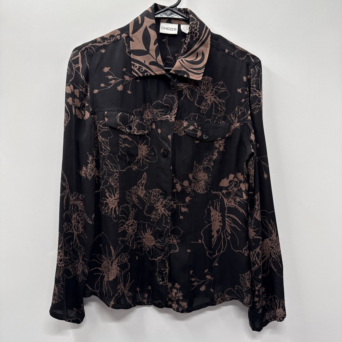 Chico’s 100% Silk Blouse Size 0* (S/4) Brown + Black Floral Shirt 2 Pockets