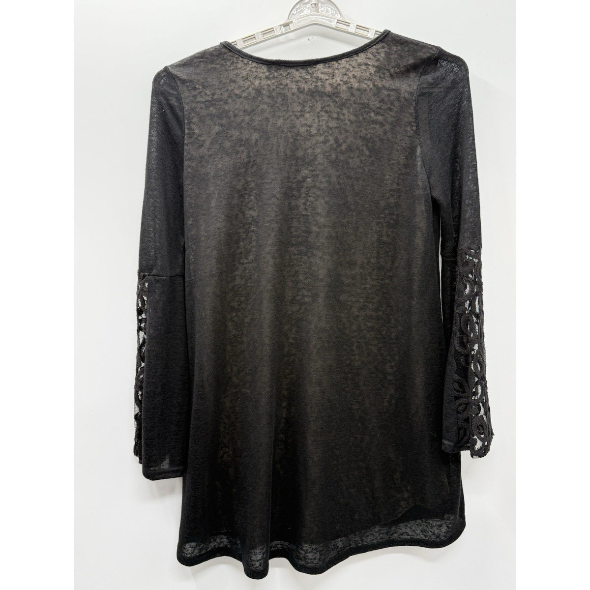 Doe & Rae Black Lace Inset Tunic Top Medium Sheer 3/4 Sleeve Boho Goth