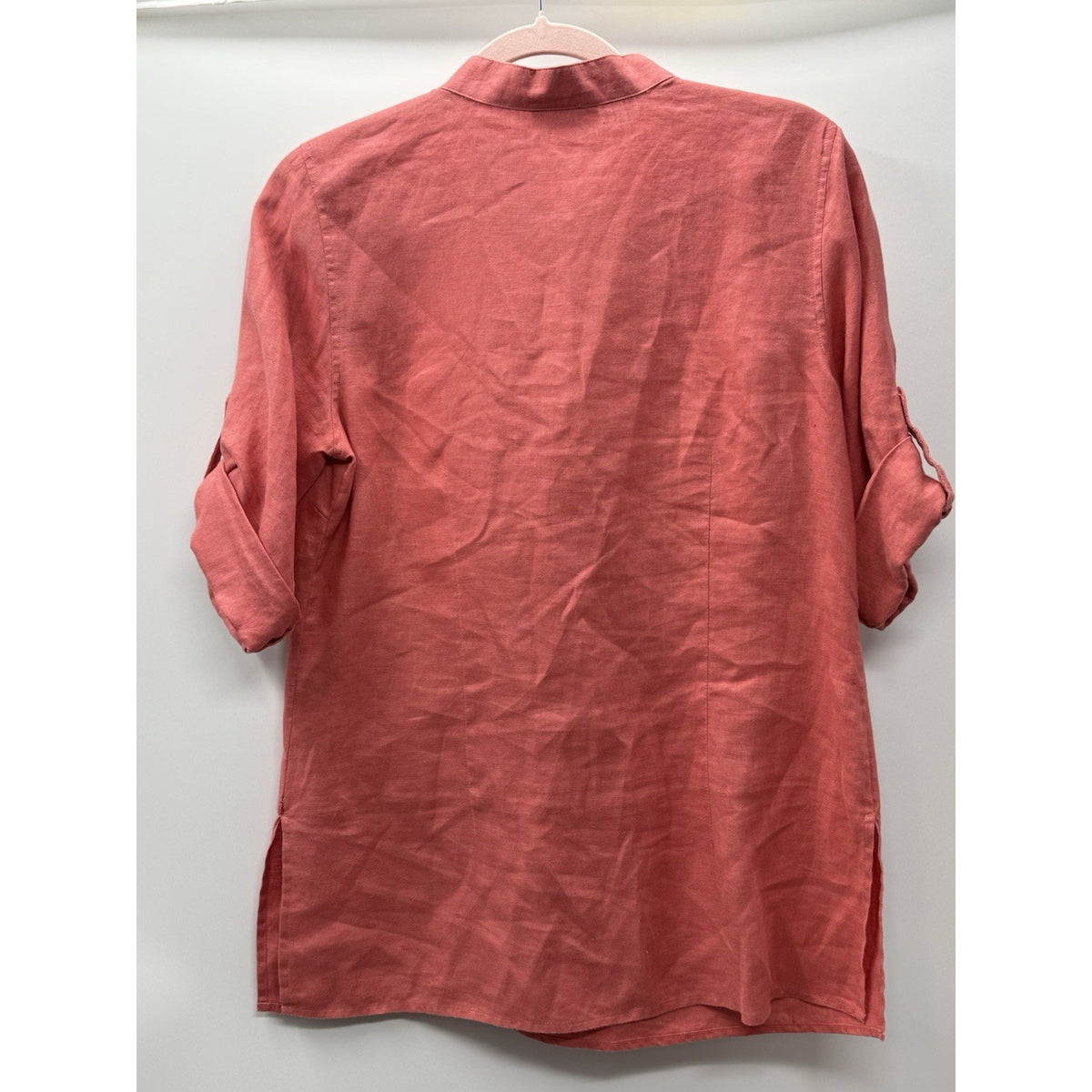 Charter Club Linen Top Sz 8 Coral Pink Roll-Tab Sleeve Mandarin Collar Coastal