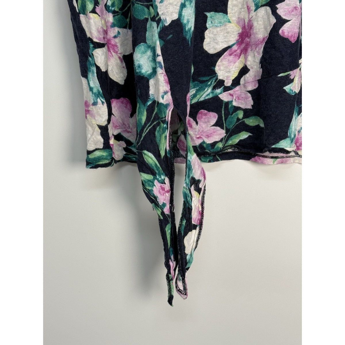 J Jill 100% Linen Floral Tie Front Top Love Linen Navy Pink Green M
