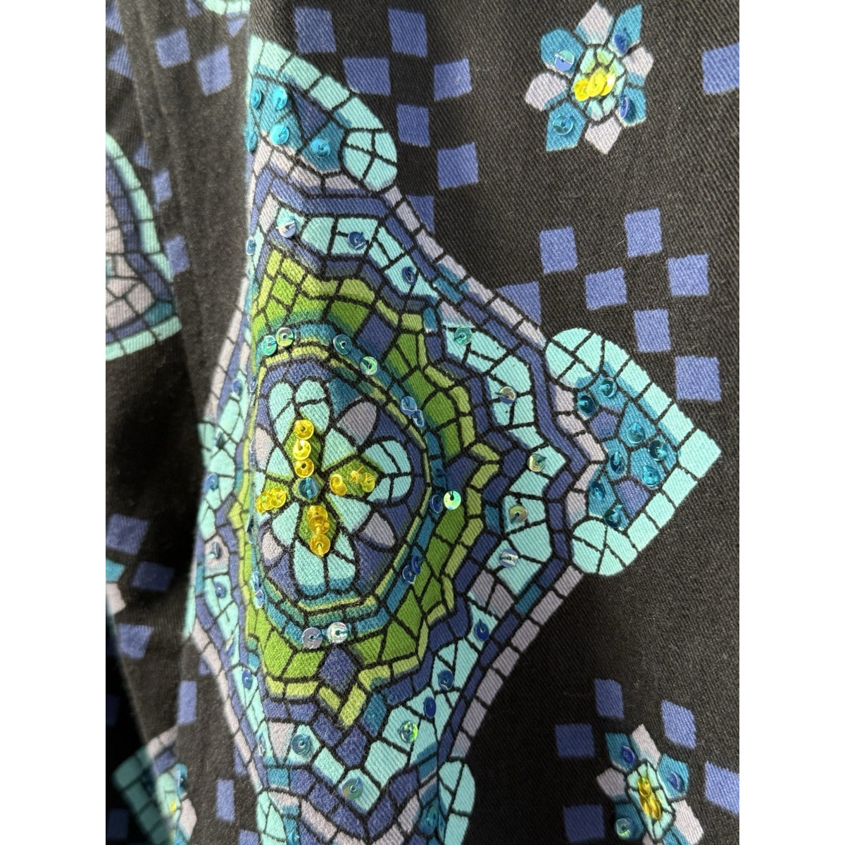 Vintage Mosaic Print Jacket-Shirt Sequin Detail Indie Boho Y2K Retro Artsy Sz M