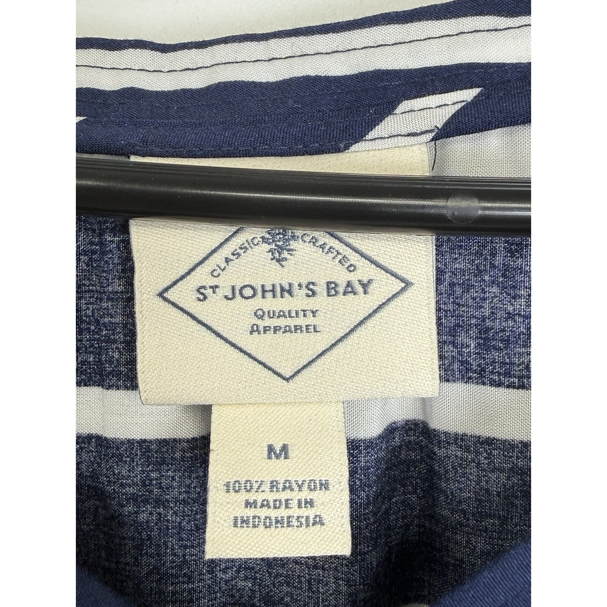 St John’s Bay Medium Blue White Striped Rayon Peasant Blouse Coastal Cottage
