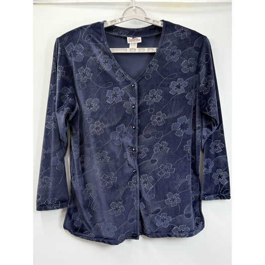 Vintage Y2K Superline USA Blue Velvet Whimsigoth Floral Rhinestone Top One Size