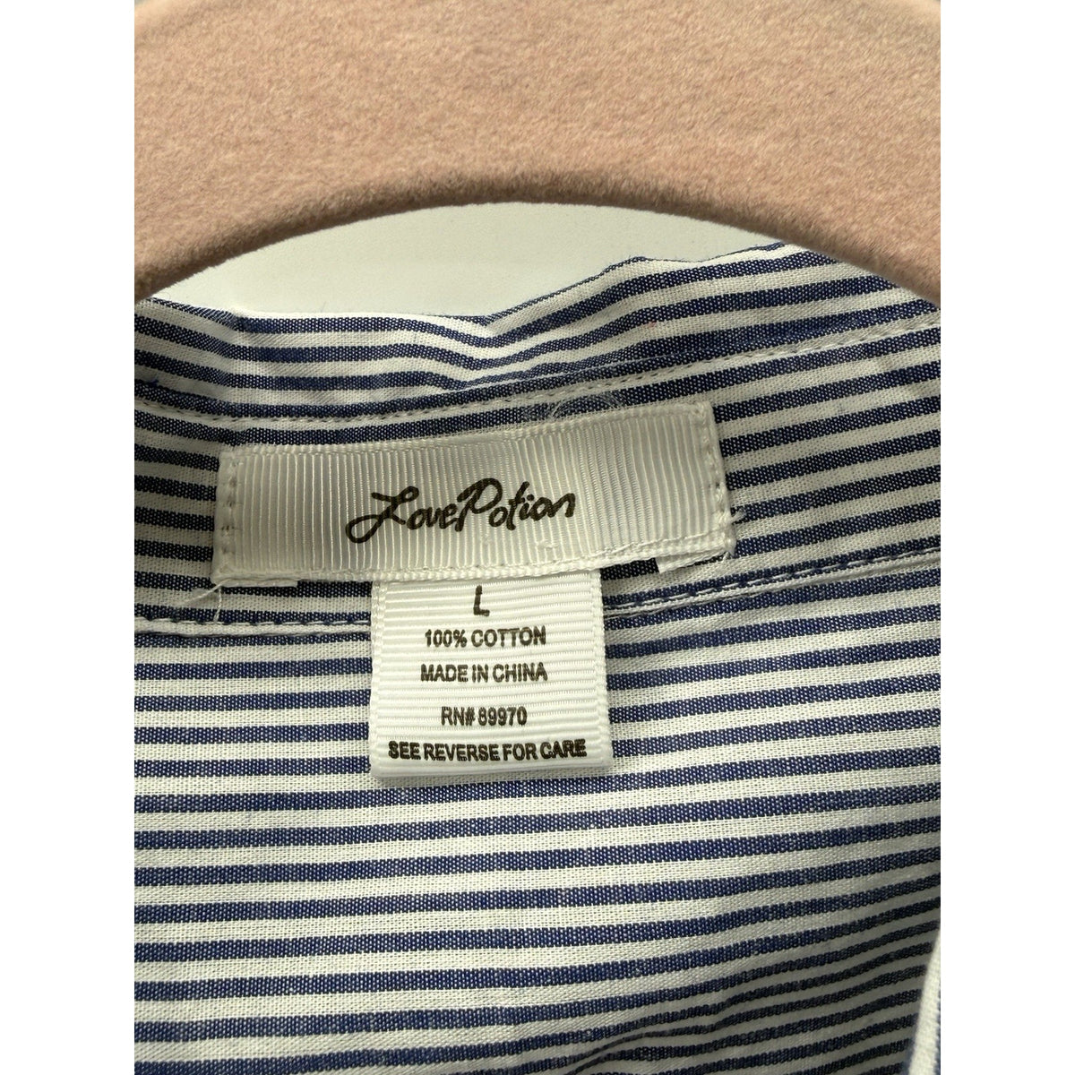 Love Potion Striped Blue White Embroidered Floral Collared Cotton Blouse Large