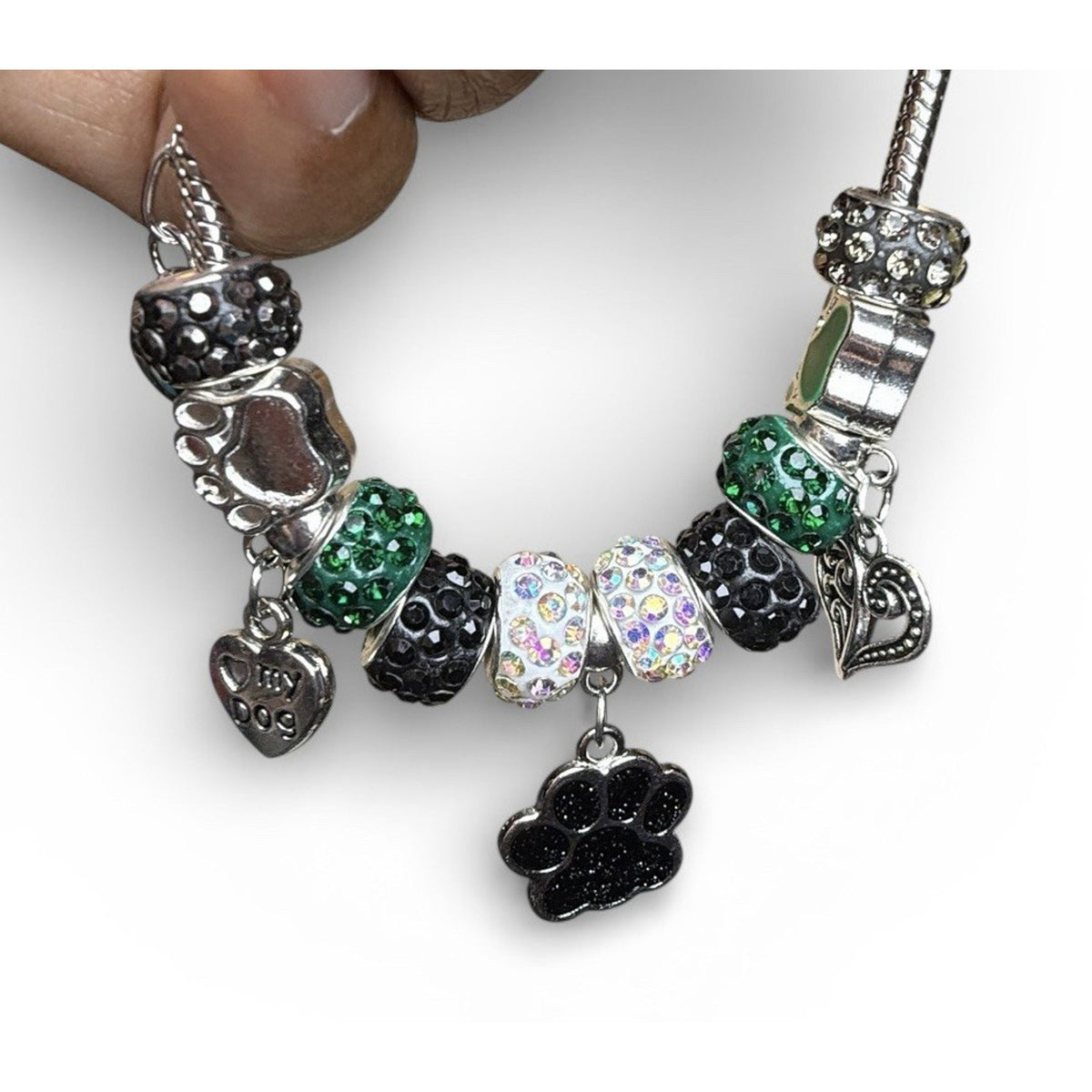 Handmade Dog Lover Charm Bracelet Paw Print Green Black Crystal Beaded