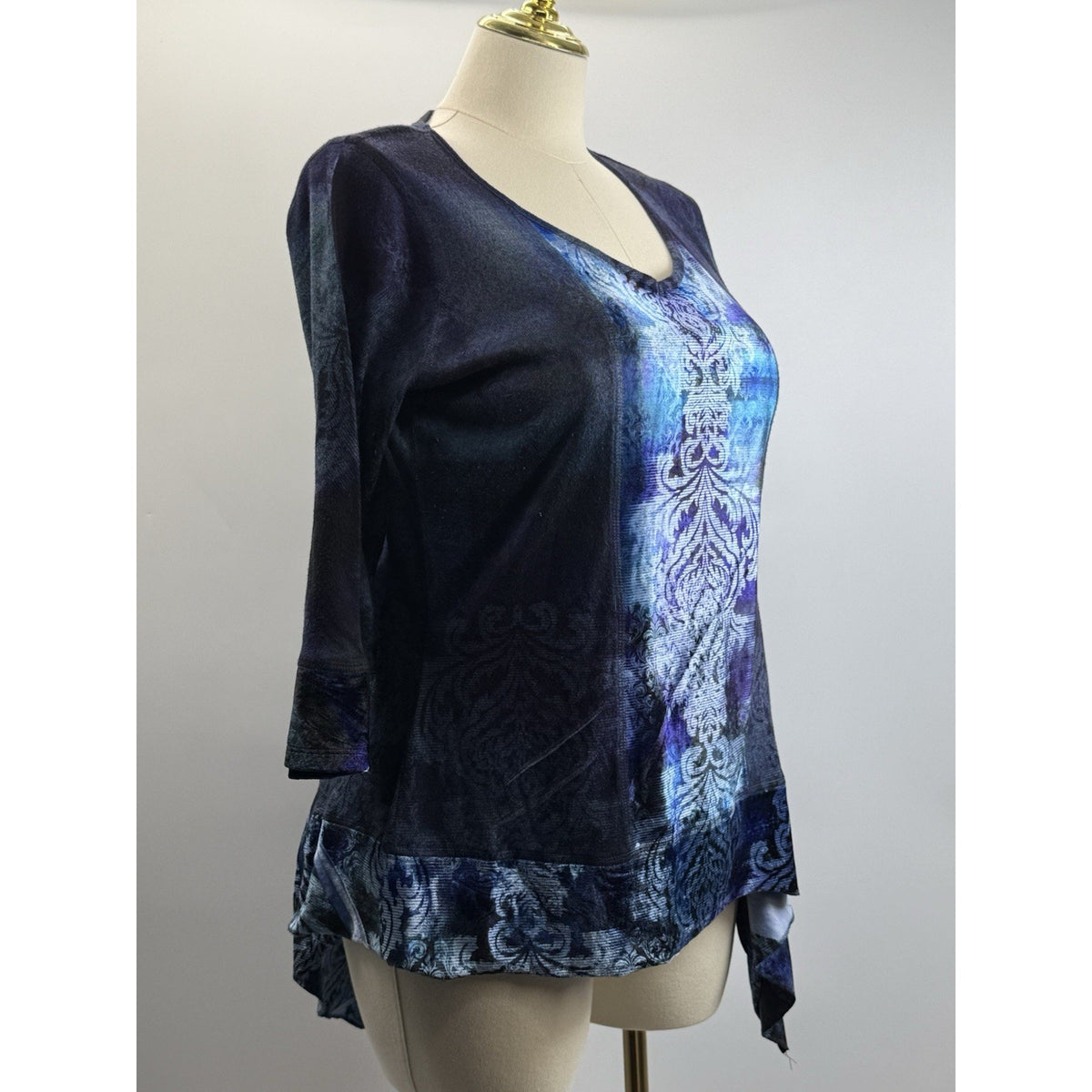 OneWorld Blue Abstract Sharkbite Tunic Top Large Boho Goth Asymmetrical