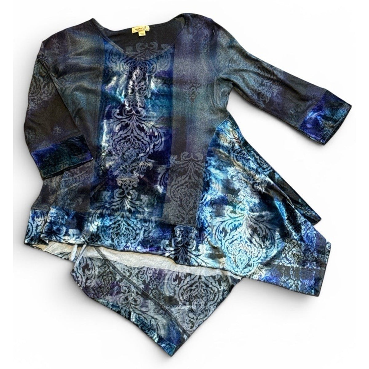 OneWorld Blue Abstract Sharkbite Tunic Top Large Boho Goth Asymmetrical